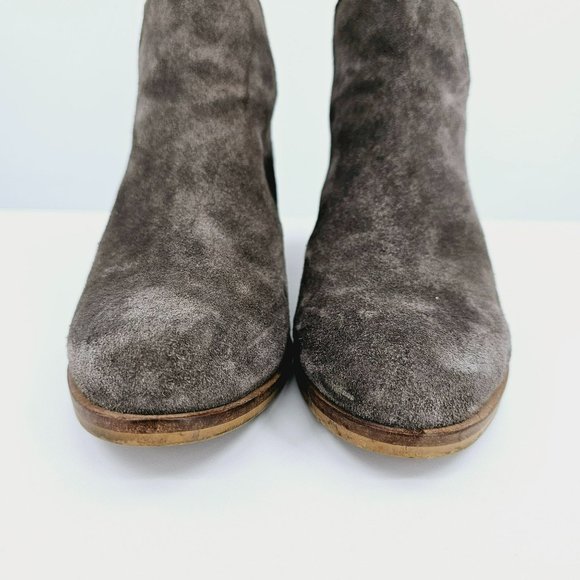 Steve Madden Lancaster Bootie 7.5 Grey Suede Leather Stacked Block Heel Zip Back - Picture 4 of 13